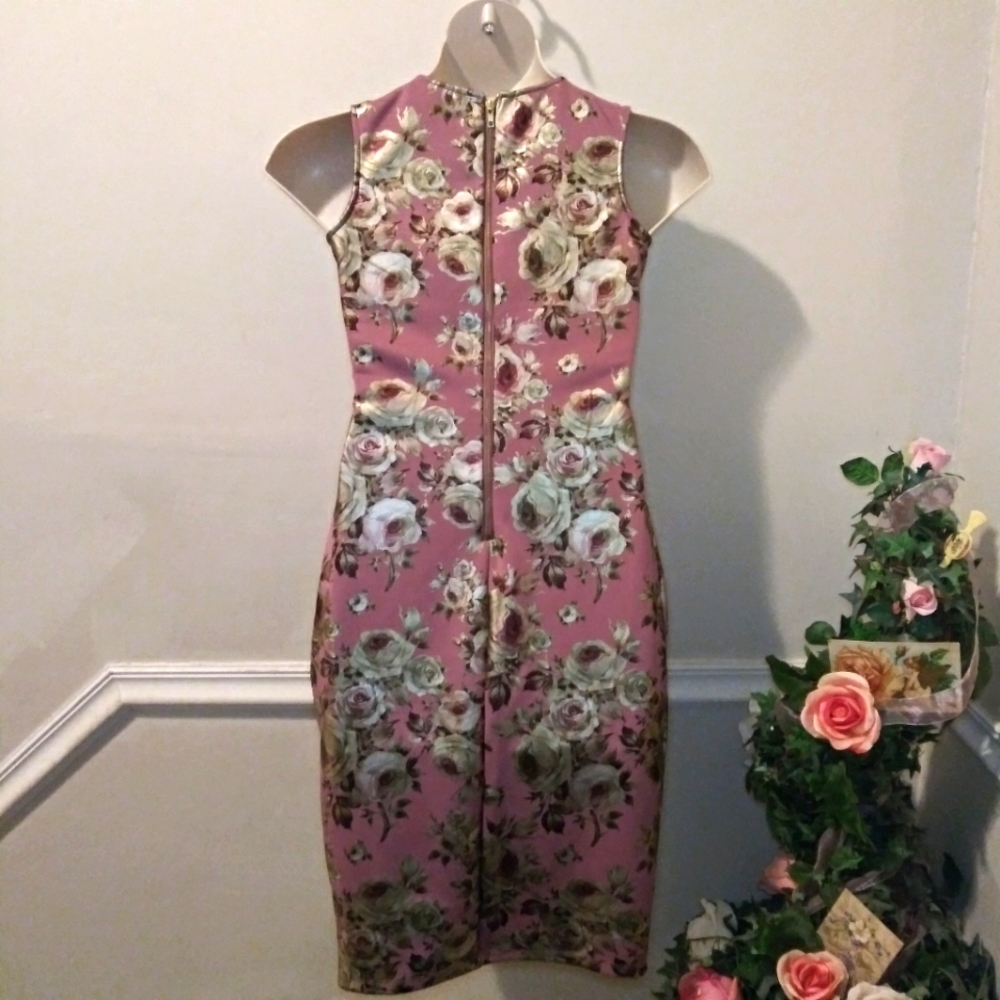 Olivia Matthews Sexy Mauve & Gold Floral Print Bodycon Sheath Dress - Picture 5 of 11